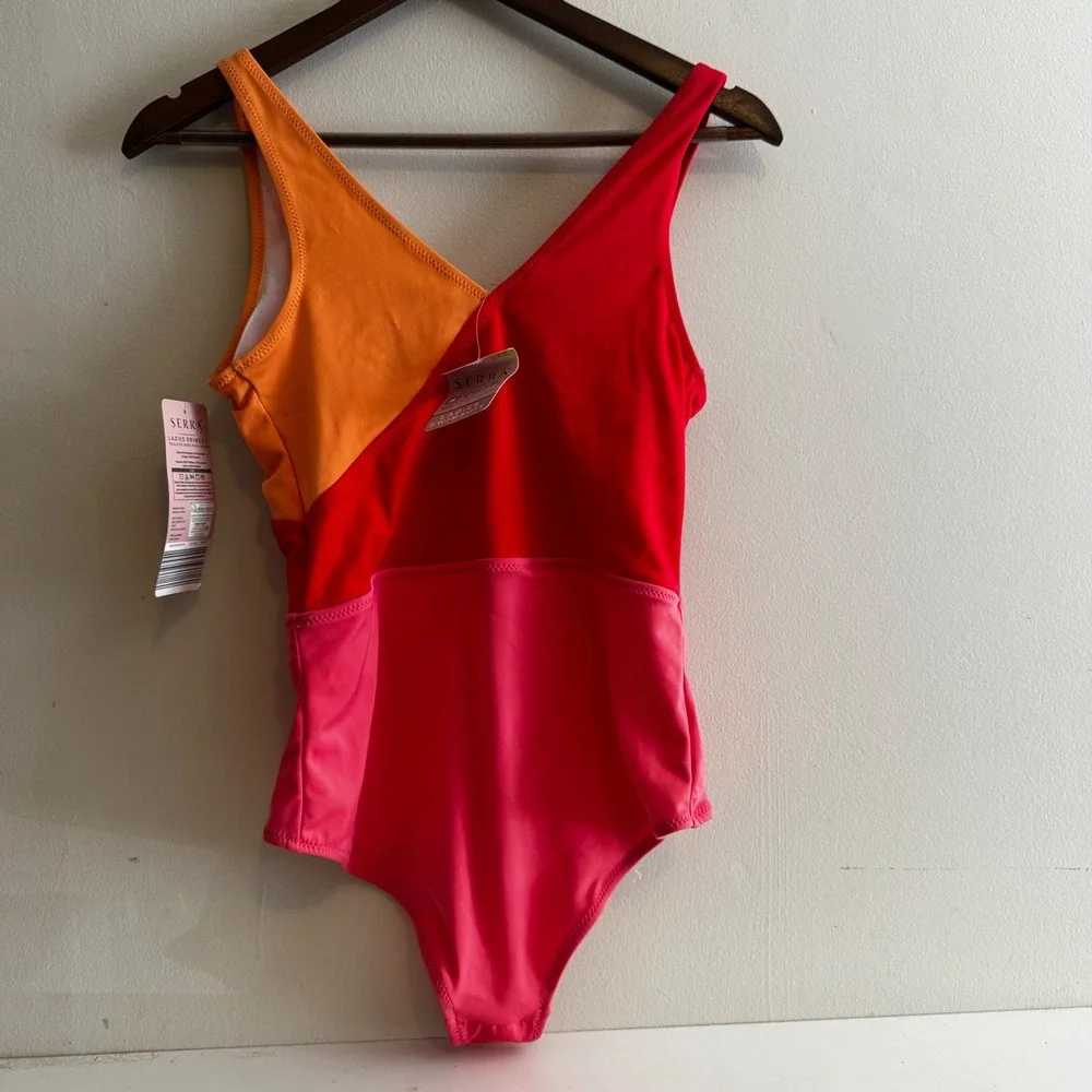 NWT Serra Women's Pink Orange Red Colorblock One Piece Swimsuit M